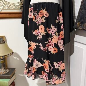 Y2K Notations Black, Orange, Pink Floral Pattern Dark Femme Midi Skirt M